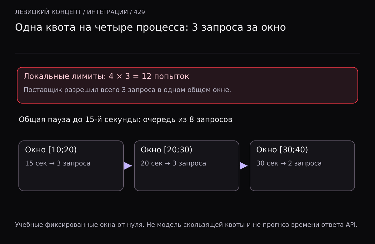 Четыре локальных лимита по три дают двенадцать попыток вместо общей квоты три. При паузе до секунды 15 восемь запросов получают разрешения группами 3, 3, 2 в секунды 15,20,30.