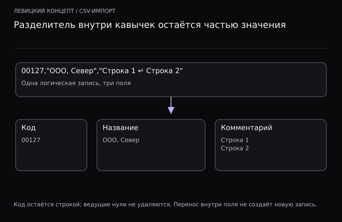 Одна CSV-запись разбирается на код 00127, название ООО, Север и многострочный комментарий; запятая и перенос внутри кавычек сохраняются.