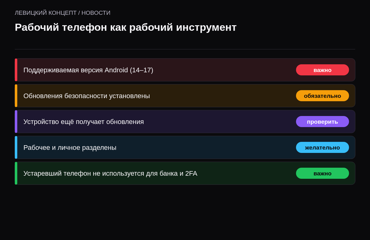 Чек-лист: актуальная версия Android, установленные обновления, поддержка производителя, разделение рабочего и личного, не для банка если устарел.