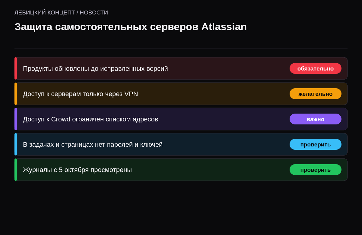 Чек-лист: обновление до исправленных версий, доступ только через VPN, ограничение Crowd, нет секретов в задачах, журналы с 5 октября.