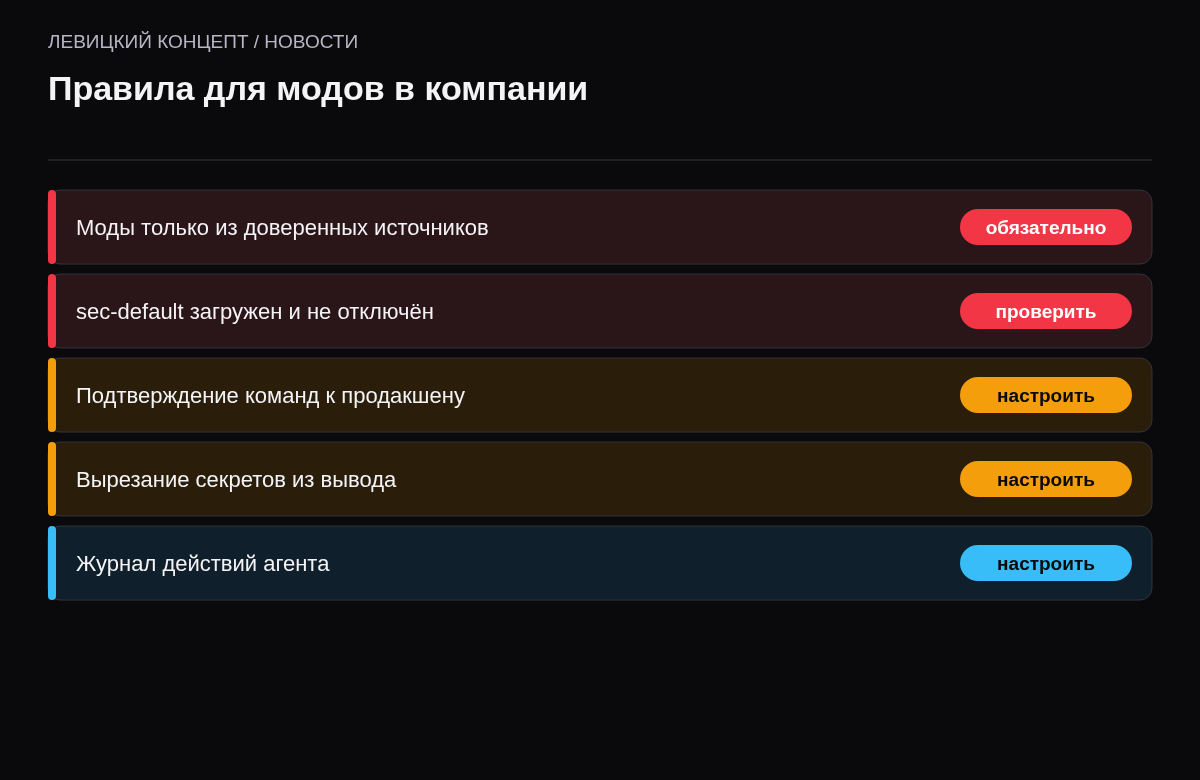 Чек-лист: ставить только из доверенных источников, проверить sec-default, защита продакшена, вырезание секретов, журнал действий агента.