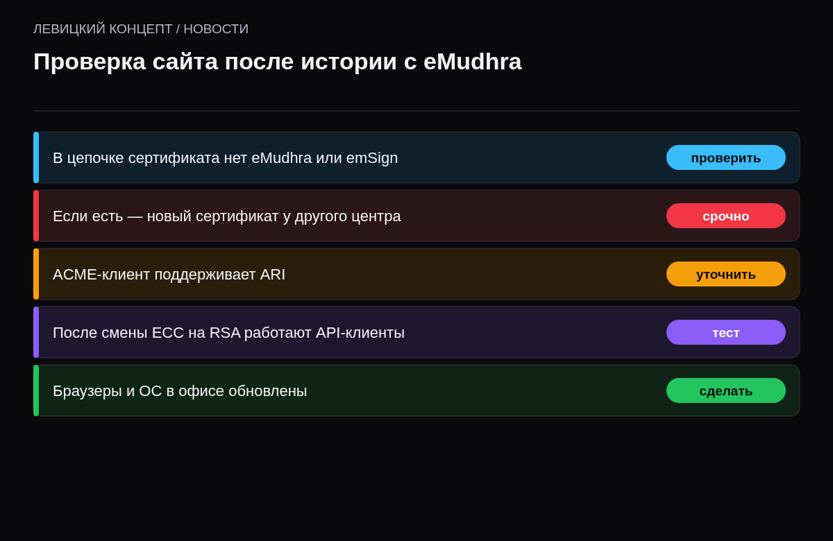 Чек-лист из пяти пунктов: цепочка сертификата, наличие emSign, поддержка ARI, переход ECC на RSA, обновление браузеров в офисе.