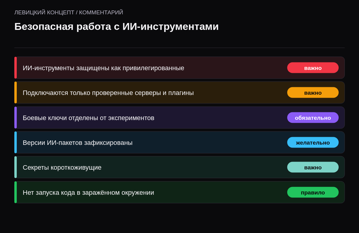 Чек-лист: привилегированное отношение, проверенные подключения, разделённые окружения, фиксация версий, короткоживущие секреты, осторожность с запуском.