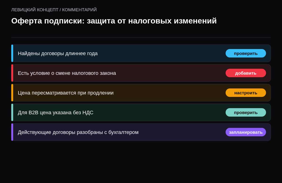 Чек-лист: длинные договоры найдены, условие об изменении закона, пересмотр цены при продлении, цена без НДС для B2B, проверка с бухгалтером.