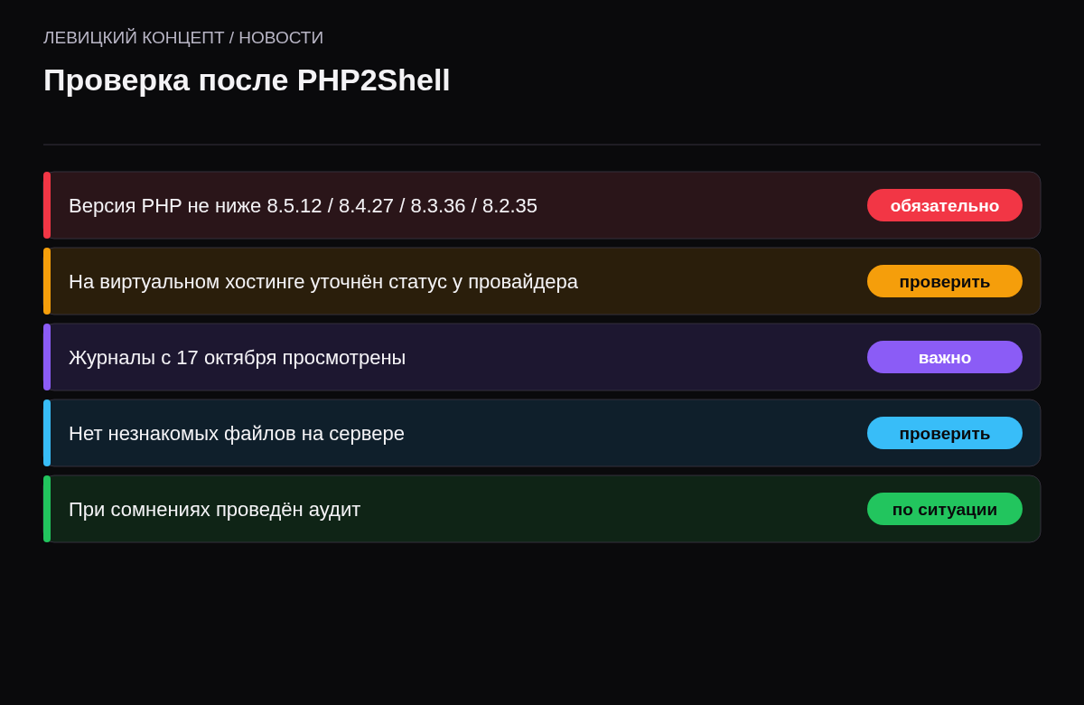 Чек-лист: версия PHP обновлена, проверен хостинг, просмотрены журналы с 17 октября, проверены файлы, оценена компрометация.