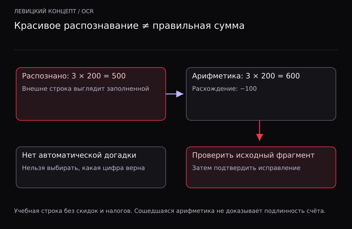 Распознанная строка 3×200=500 расходится с расчётом 600 на 100; требуется проверка оригинала, а не автоматическое исправление.