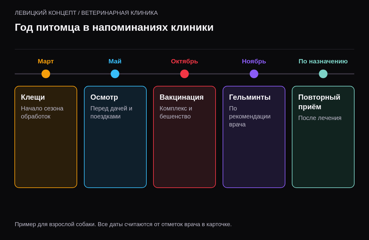 Шкала года: март напоминание об обработке от клещей, май осмотр перед дачей, октябрь ежегодная вакцинация и бешенство, ноябрь обработка от гельминтов, по назначению повторные приёмы.