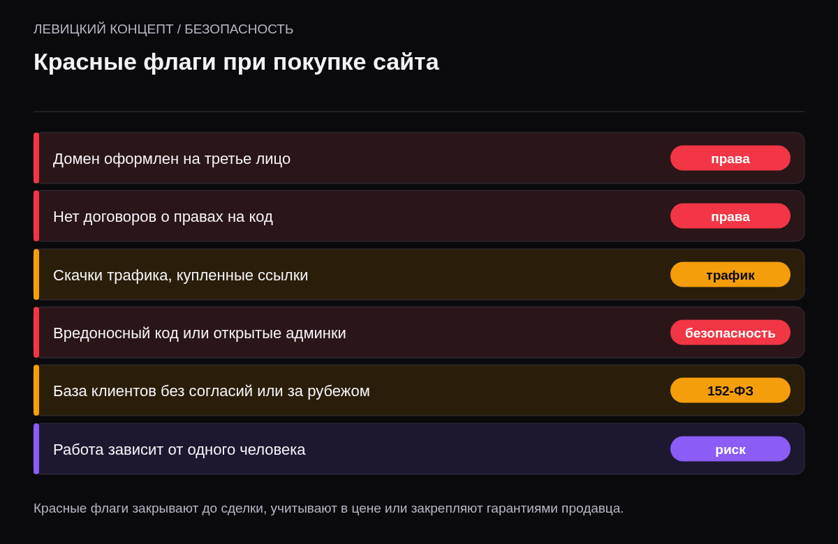 Красные флаги: домен на третьем лице, нет договоров с разработчиками, накрученный или купленный трафик, вредоносный код, база клиентов без согласий или за рубежом, всё держится на одном человеке.