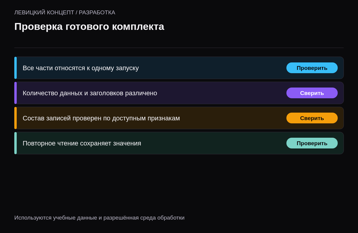 Контроль принадлежности частей одному запуску, количества данных, структуры и повторного чтения