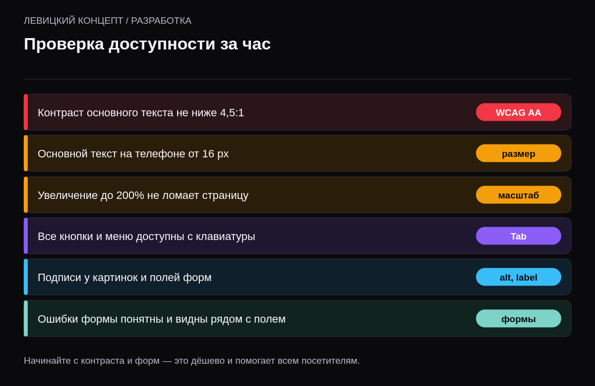 Чек-лист: контраст не ниже 4,5:1, текст не меньше 16 пикселей, увеличение до 200%, работа с клавиатуры, подписи к картинкам и полям, понятные ошибки форм.