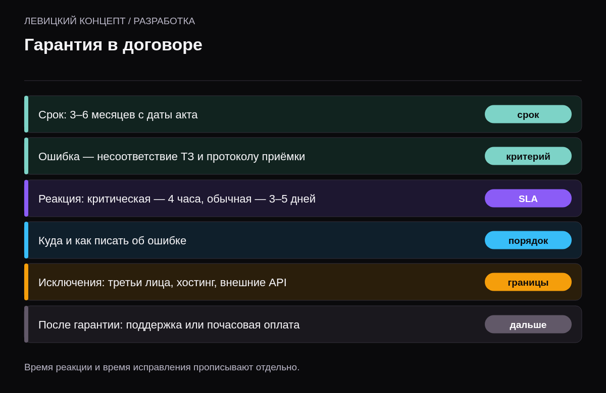 Шесть условий гарантии: срок, определение ошибки, время реакции, порядок обращения, исключения, что после гарантии.