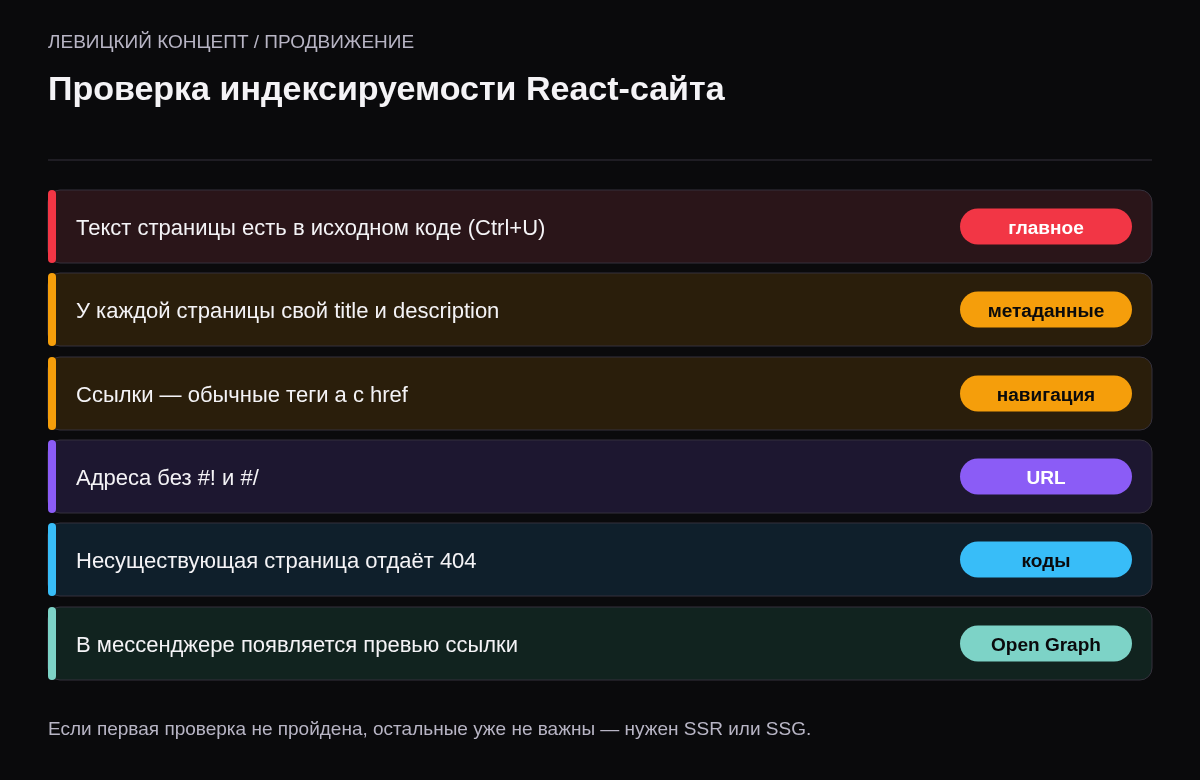 Чек-лист: текст в исходном коде страницы, свой title на каждой странице, ссылки с href, адреса без решётки, 404 для несуществующих страниц, превью в мессенджерах.