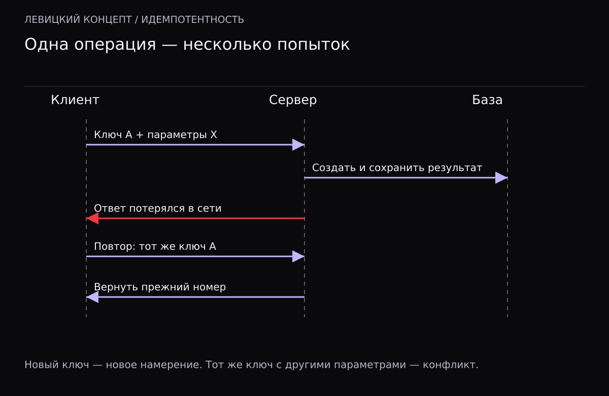 Диаграмма последовательности: сервер сохраняет операцию, ответ теряется, повтор с прежним ключом возвращает прежний результат.