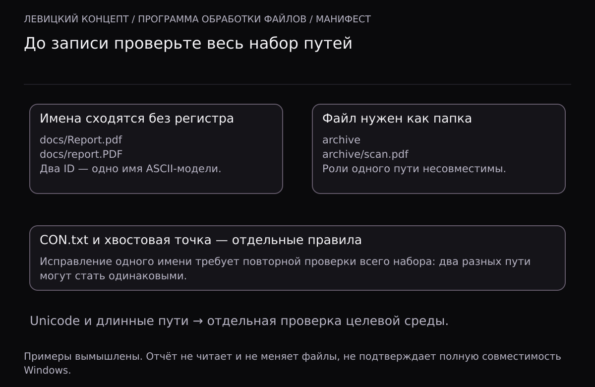 Два пути docs/Report.pdf и docs/report.PDF совпадают в ограниченной модели сравнения ASCII без регистра. Пути archive и archive/scan.pdf требуют использовать archive одновременно как файл и папку. Имена устройств и завершающая точка проверяются отдельно; Unicode и длинные пути требуют проверки целевой среды.