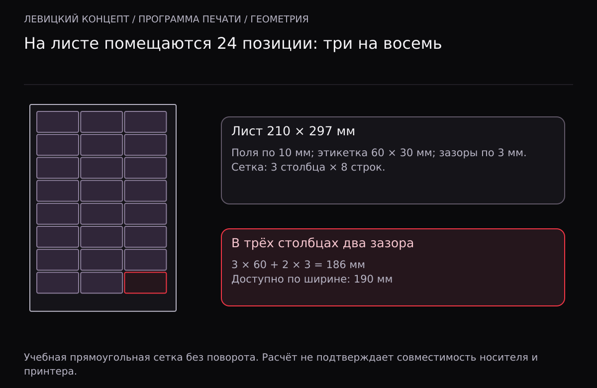 На уменьшенном листе показаны три столбца и восемь рядов этикеток. Ширина сетки 186 миллиметров включает два зазора между тремя наклейками, а не три.