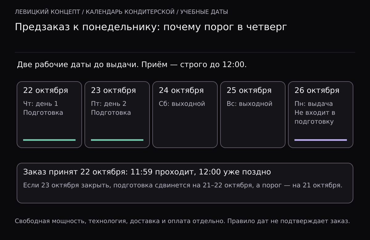 Выдача торта в понедельник 26 октября 2026. При обычной неделе понедельник–пятница две рабочие даты подготовки — 22 и 23 октября. Суббота 24 и воскресенье 25 не считаются; дата выдачи тоже. Заказ должен быть принят строго до 22 октября 12:00.