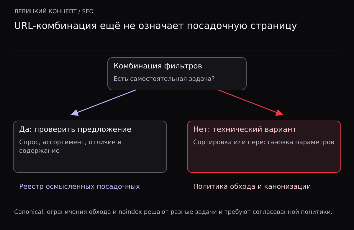 Дерево решения для комбинации фильтров: самостоятельная задача ведёт к проверке посадочной, технический вариант — к политике обхода и канонизации.