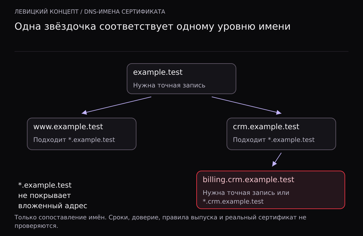 Дерево имён: example.test требует точной записи, www.example.test и crm.example.test совпадают с *.example.test. Вложенный billing.crm.example.test требует своей точной записи или *.crm.example.test.