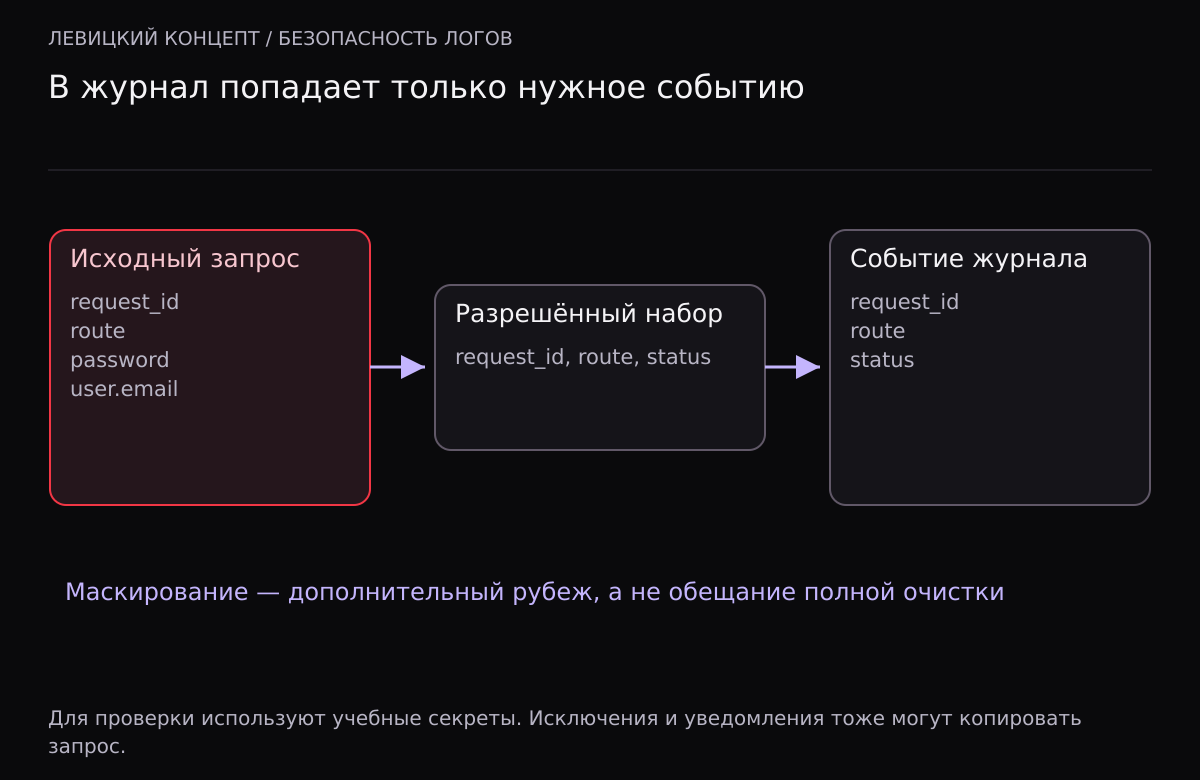 Исходный запрос с паролем проходит через разрешённый список, в журнале остаются request_id, route и status.